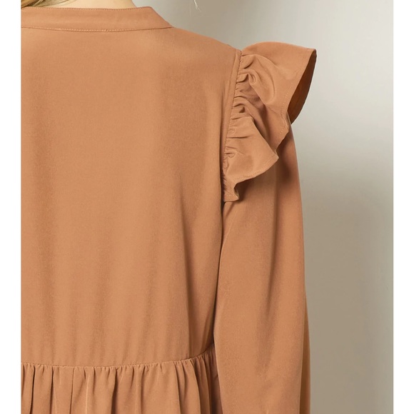 🆕 Ruffled Long Sleeve Tiered Dress in Camel - Picture 6 of 8